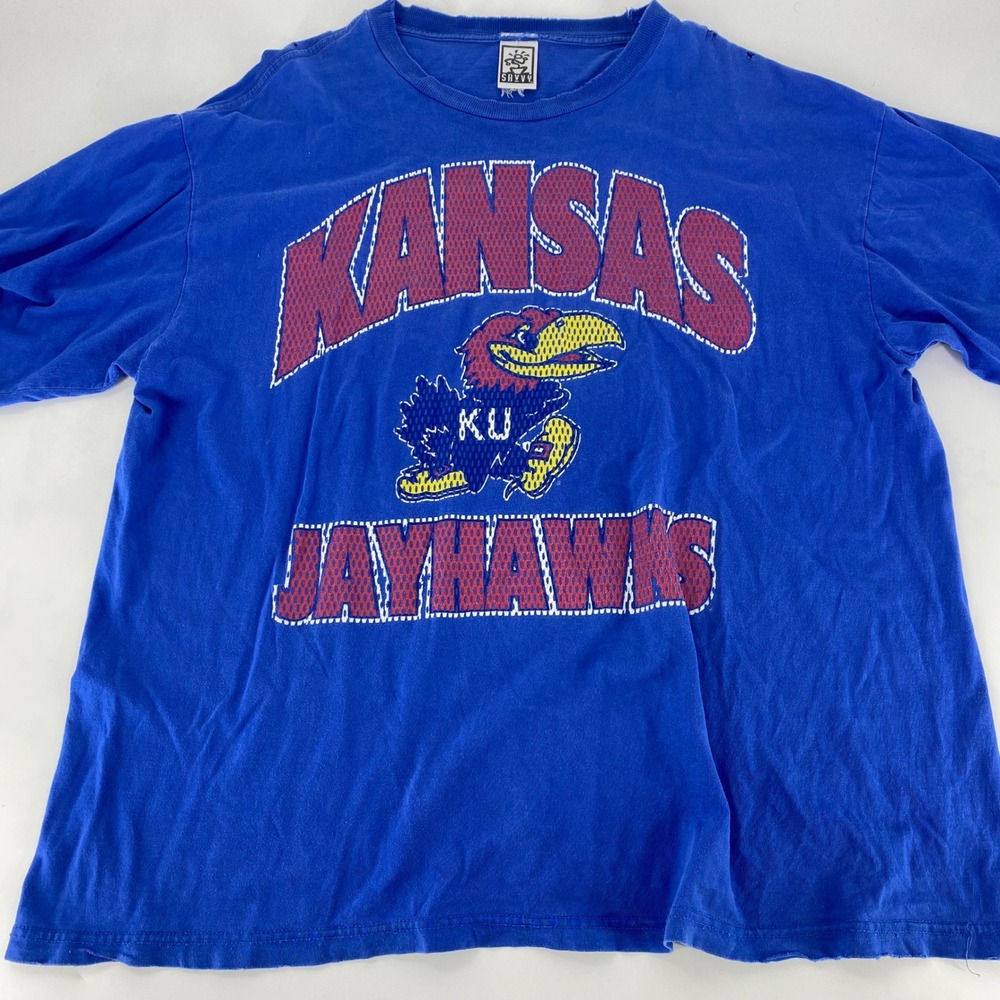 Vintage Savvy Kansas Jayhawks T-Shirt Blue Distressed XL NCAA KU Jayhawk Mascot‎